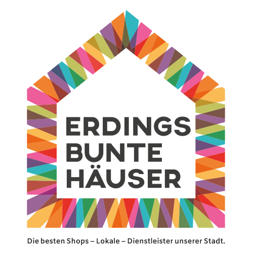 Logo der Interessengemeinschaft ARDEO: Erdings Bunde Häuser Das weiße Logo stellt ein Haus aus farbigen übereinandergelegten Streifen da. Im inneren stehen im unteren Bereich die schwarzen Worte ERDINGS BUNTE HÄUSER untereinander. Unter dem Haus stehen die Worte: Die besten Läden, Lokale und Dienstleister unserer Stadt.