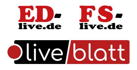 Portal-Logos: ED-live.de, FS-live.de und liveblatt Im oberen Bereich stehen die beiden Logos von ED-live.de und FS-live.de nebeneinander. Beide haben die beiden Landkreiskennzeichen groß in dunkelrot mit einem schwarzen Bindestrich und darunter in kleiner das live.de, ebenfalls in schwarz. Im unteren Bereich ist das Logo von Liveblatt mit einem dunkelroten Punkt, aus dem eine schwarze Fläche nach rechts scheinbar herauskommt. Hierin steht das Wort live. Schräg durch einen weißen Strich getrennt folgt eine dunkelrote Fläche mit dem Wort blatt, beide Worte in weiß geschrieben.